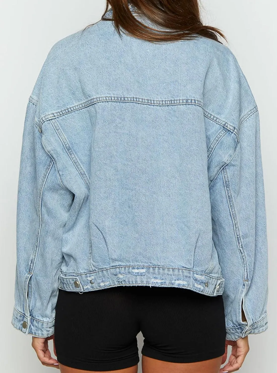Women Distressed Light Wash Oversized Denim Jacket