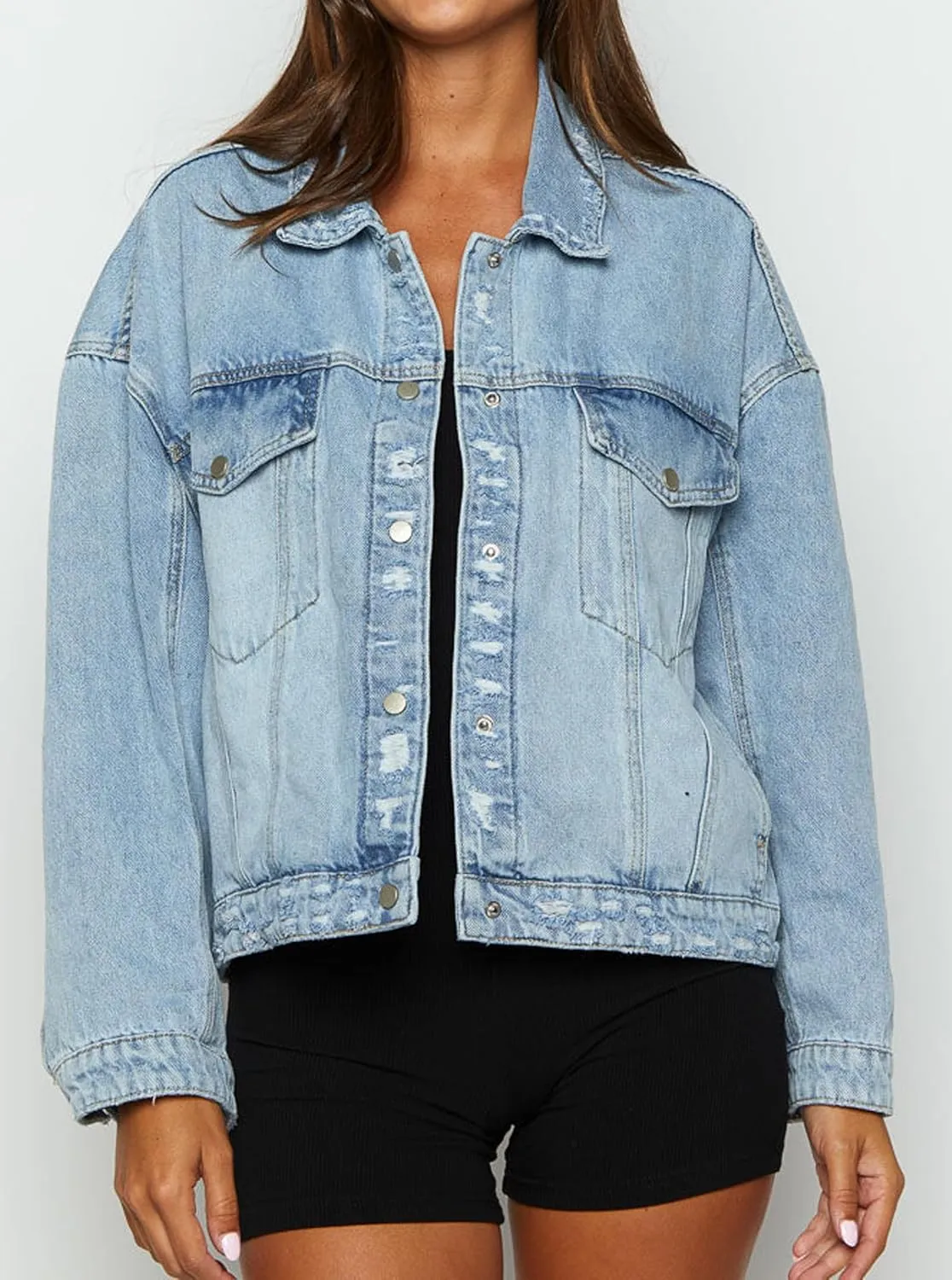 Women Distressed Light Wash Oversized Denim Jacket