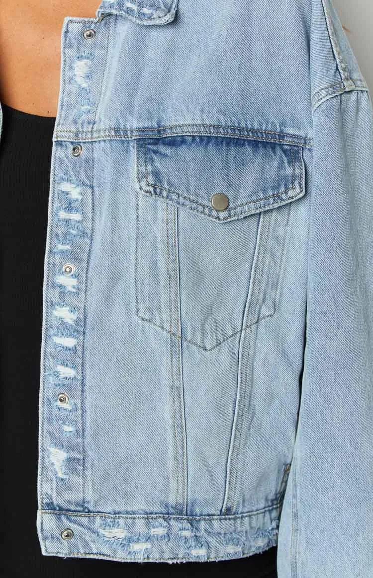 Women Distressed Light Wash Oversized Denim Jacket
