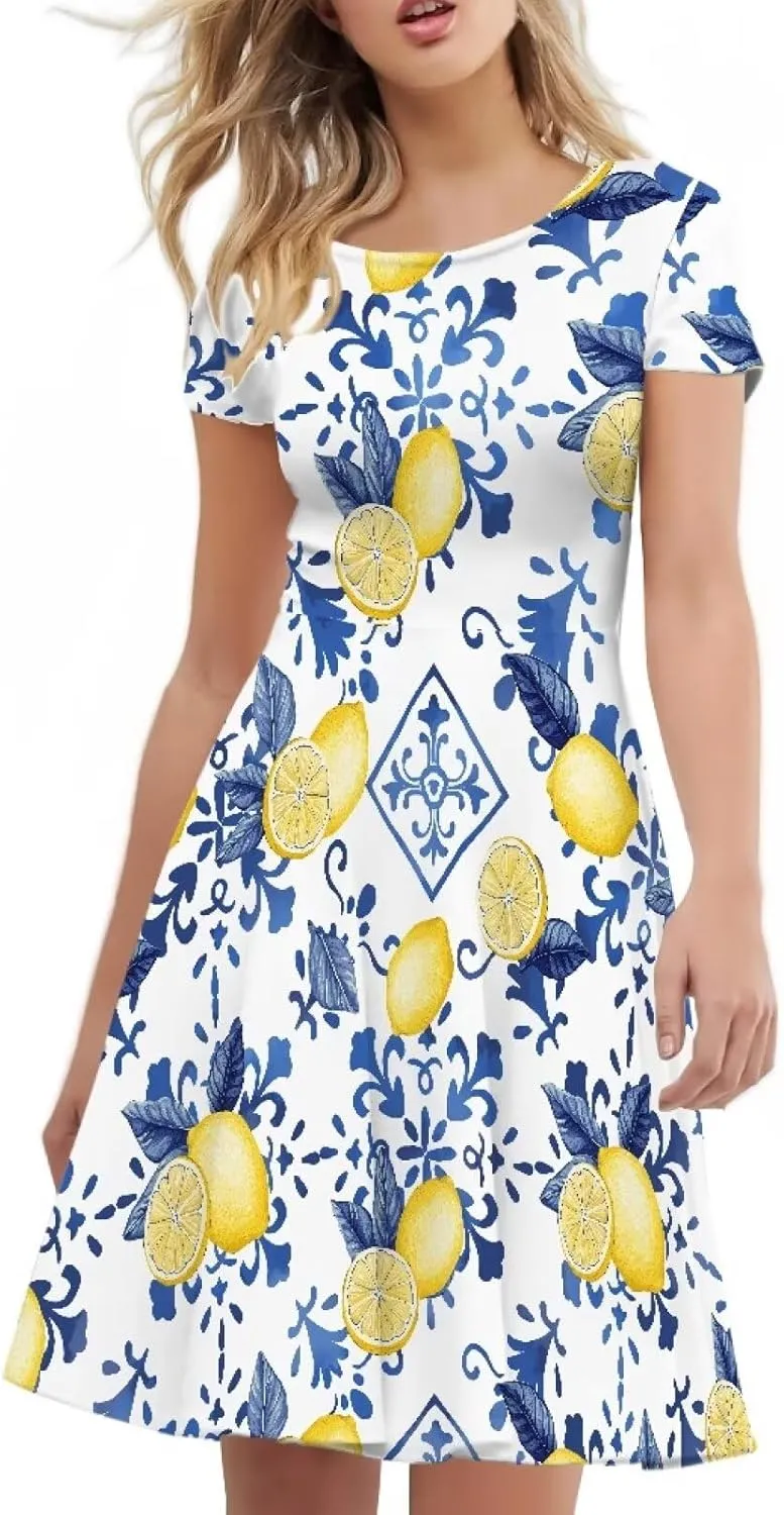 Women Elegant Casual Dress Short Sleeve Summer Maxi Dresses Round Neck Beach Sundress Loose Fitting Party Dress