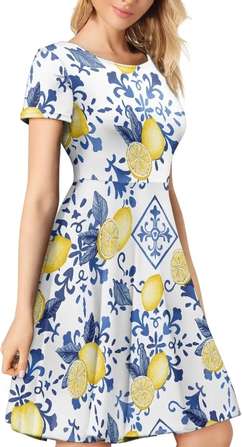 Women Elegant Casual Dress Short Sleeve Summer Maxi Dresses Round Neck Beach Sundress Loose Fitting Party Dress