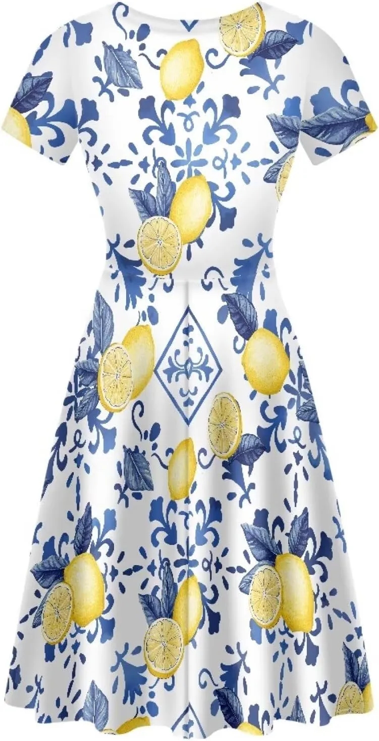 Women Elegant Casual Dress Short Sleeve Summer Maxi Dresses Round Neck Beach Sundress Loose Fitting Party Dress