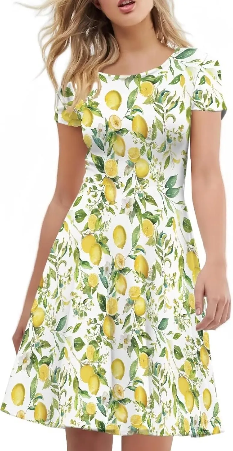 Women Elegant Casual Dress Short Sleeve Summer Maxi Dresses Round Neck Beach Sundress Loose Fitting Party Dress