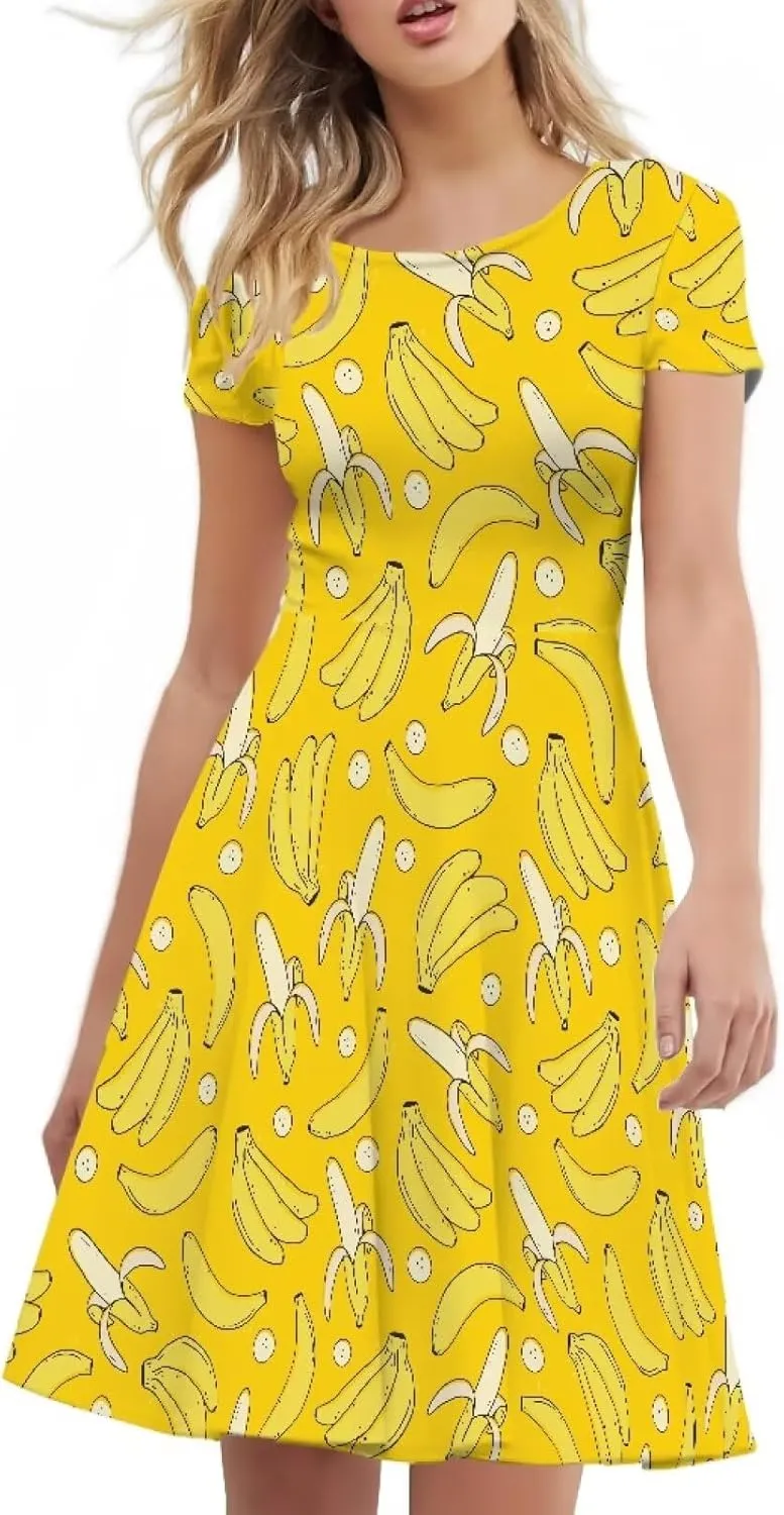 Women Elegant Casual Dress Short Sleeve Summer Maxi Dresses Round Neck Beach Sundress Loose Fitting Party Dress