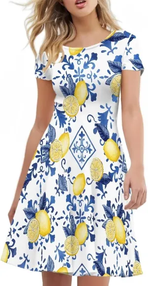 Women Elegant Casual Dress Short Sleeve Summer Maxi Dresses Round Neck Beach Sundress Loose Fitting Party Dress