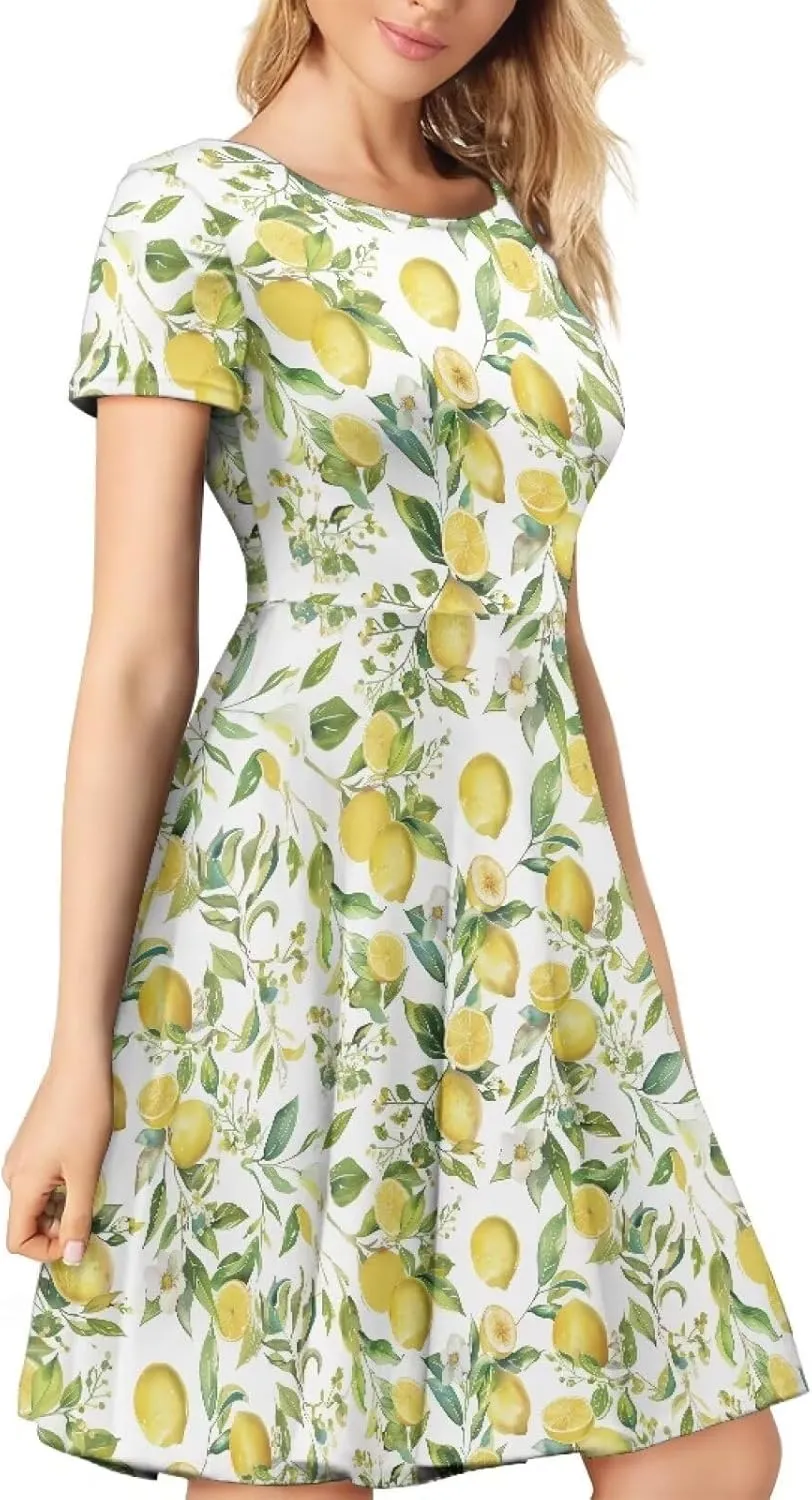 Women Elegant Casual Dress Short Sleeve Summer Maxi Dresses Round Neck Beach Sundress Loose Fitting Party Dress