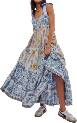 Women Floral Maxi Dress Summer Flowy Sleeveless Tie Shoulder Bohemian Smocked Dresses Casual Sundress with Pockets