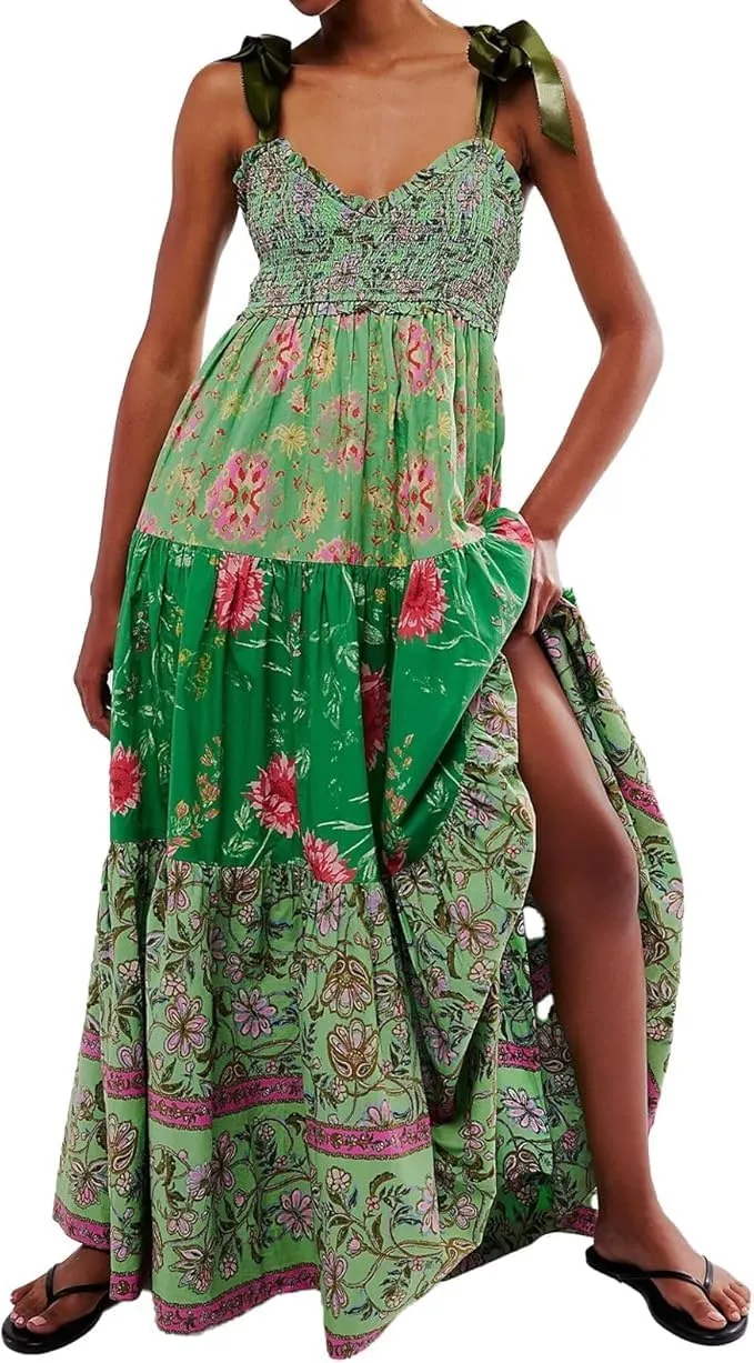 Women Floral Maxi Dress Summer Flowy Sleeveless Tie Shoulder Bohemian Smocked Dresses Casual Sundress with Pockets
