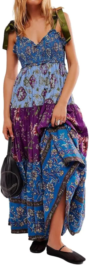 Women Floral Maxi Dress Summer Flowy Sleeveless Tie Shoulder Bohemian Smocked Dresses Casual Sundress with Pockets
