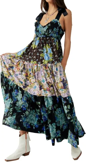 Women Floral Maxi Dress Summer Flowy Sleeveless Tie Shoulder Bohemian Smocked Dresses Casual Sundress with Pockets