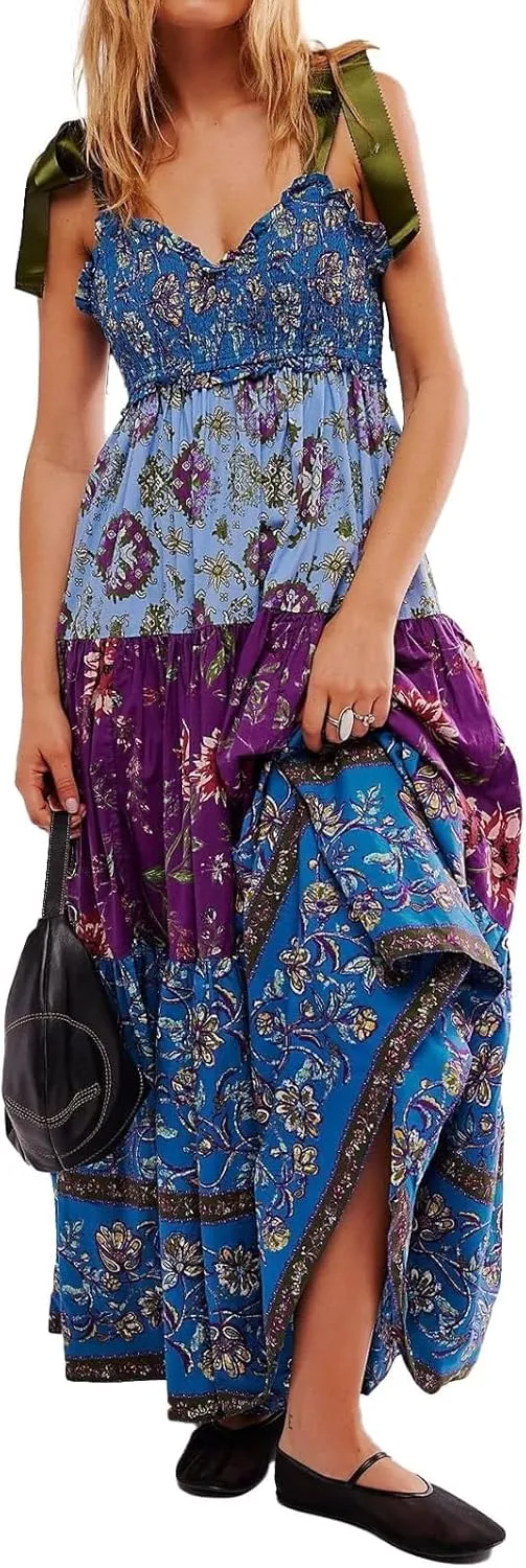 Women Floral Maxi Dress Summer Flowy Sleeveless Tie Shoulder Bohemian Smocked Dresses Casual Sundress with Pockets