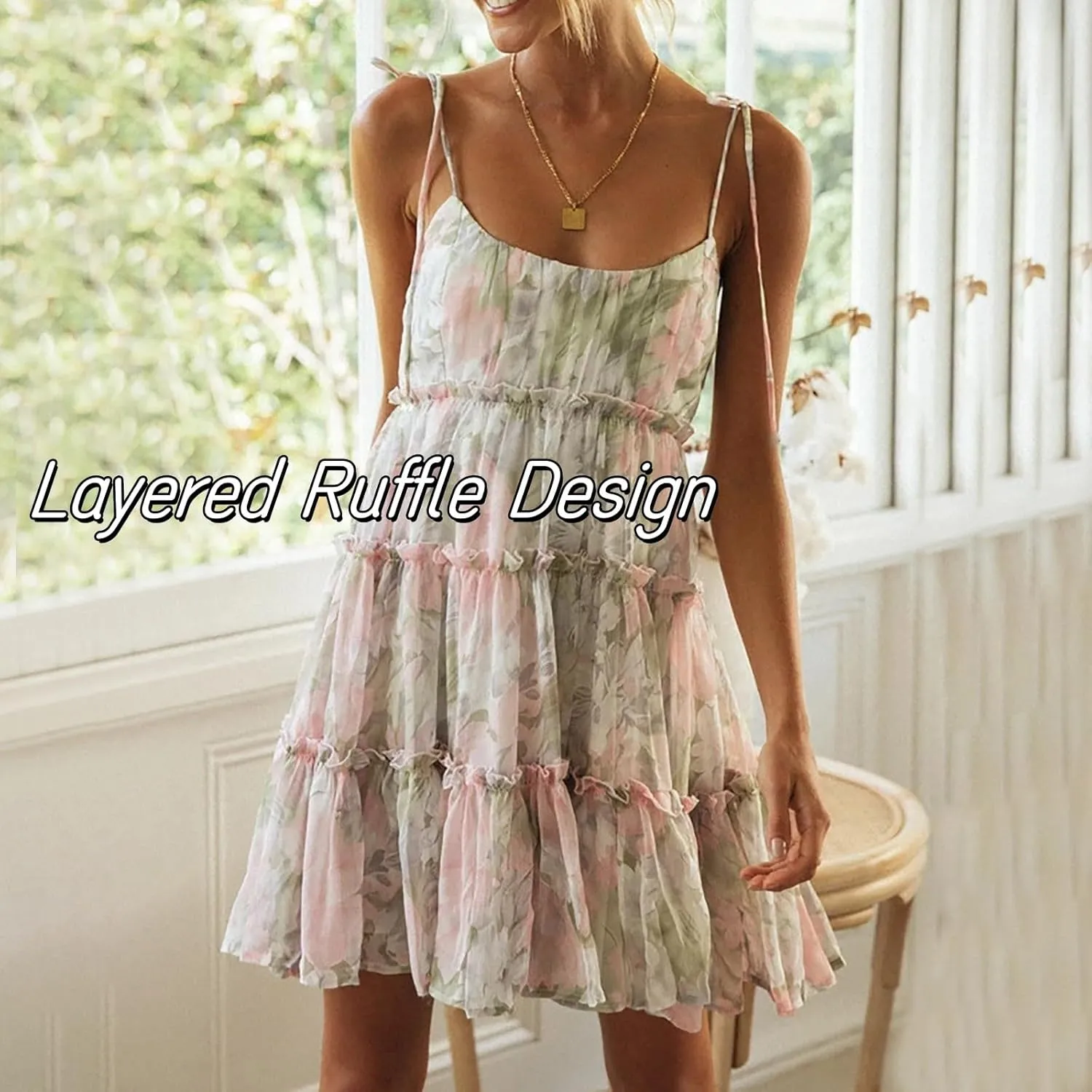 Women Floral Mini Dress Spaghetti Strap Ruffle Tiered Dress, Spaghetti Strap Backless Tiered Floral Mini Dresses