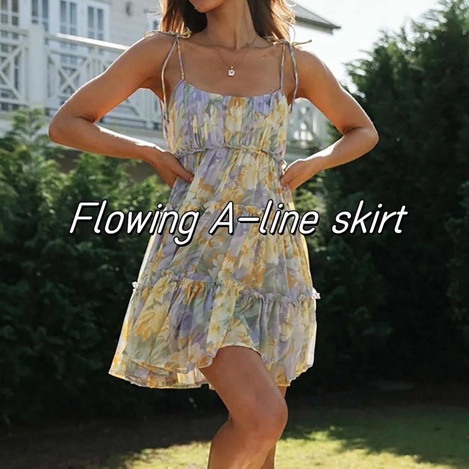 Women Floral Mini Dress Spaghetti Strap Ruffle Tiered Dress, Spaghetti Strap Backless Tiered Floral Mini Dresses