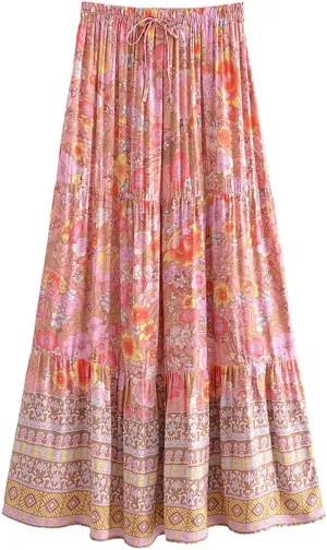 Women Floral Print Beach Bohemian Skirt High Waist Rayon CottonA-Line Long Skirts L