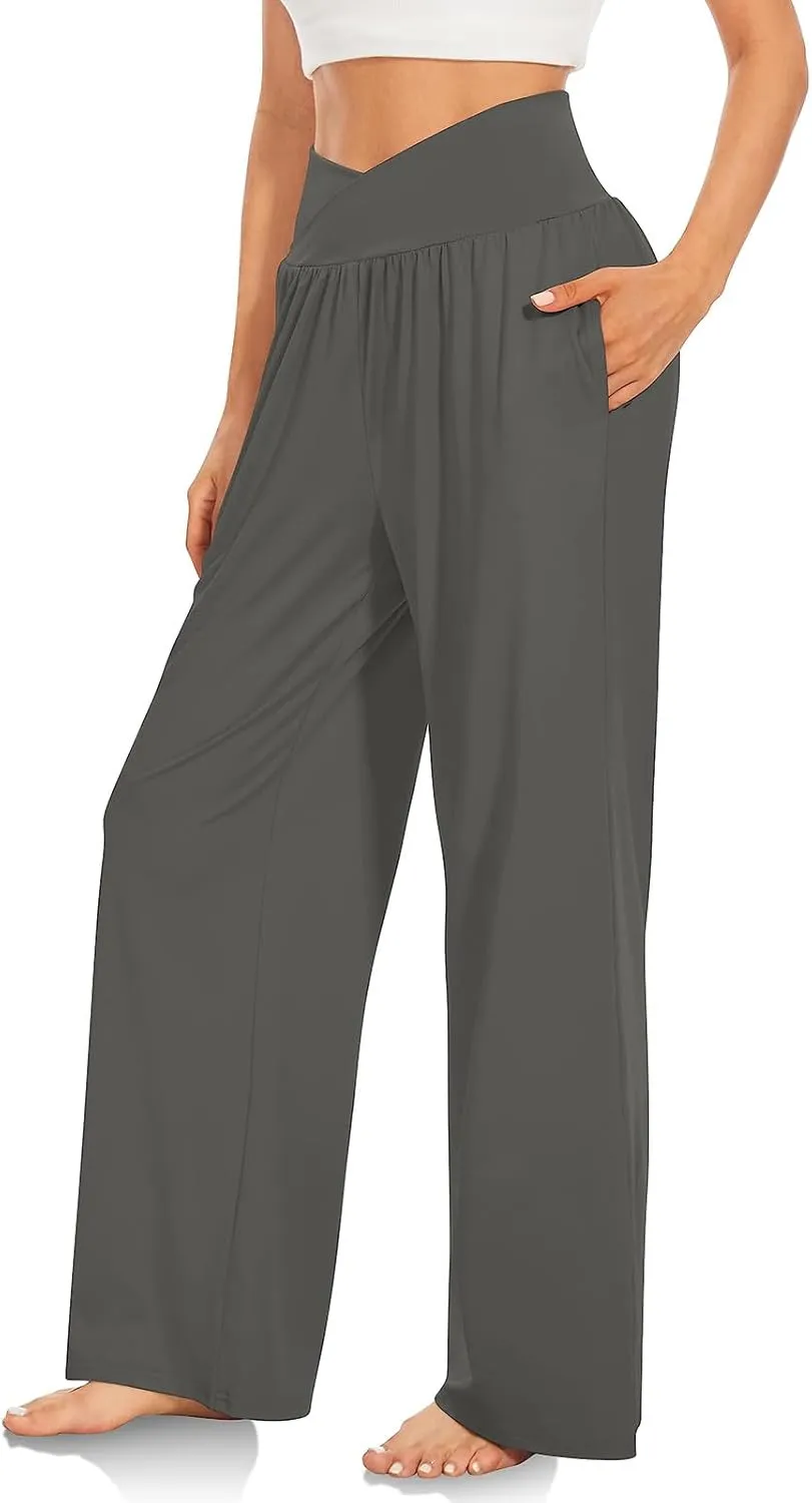 Women High Waist Straight Leg Pants Solid Color Crossed Trousers Casual Loose Sports Pant Slim Stretchy Yoga Pants