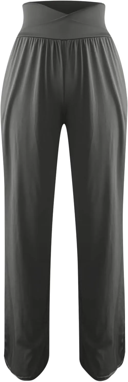 Women High Waist Straight Leg Pants Solid Color Crossed Trousers Casual Loose Sports Pant Slim Stretchy Yoga Pants
