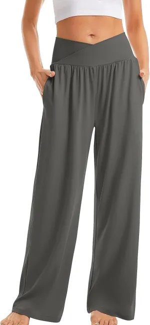 Women High Waist Straight Leg Pants Solid Color Crossed Trousers Casual Loose Sports Pant Slim Stretchy Yoga Pants