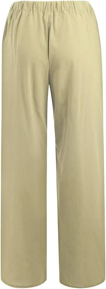 Women Linen Blend Summer Casual Loose Palazzo Lounge Pants Elastic Waist Baggy Stretchy Plus Size Trouser Trendy
