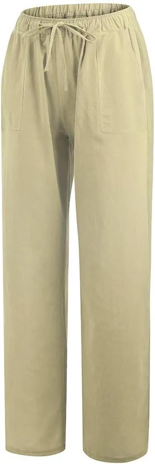 Women Linen Blend Summer Casual Loose Palazzo Lounge Pants Elastic Waist Baggy Stretchy Plus Size Trouser Trendy