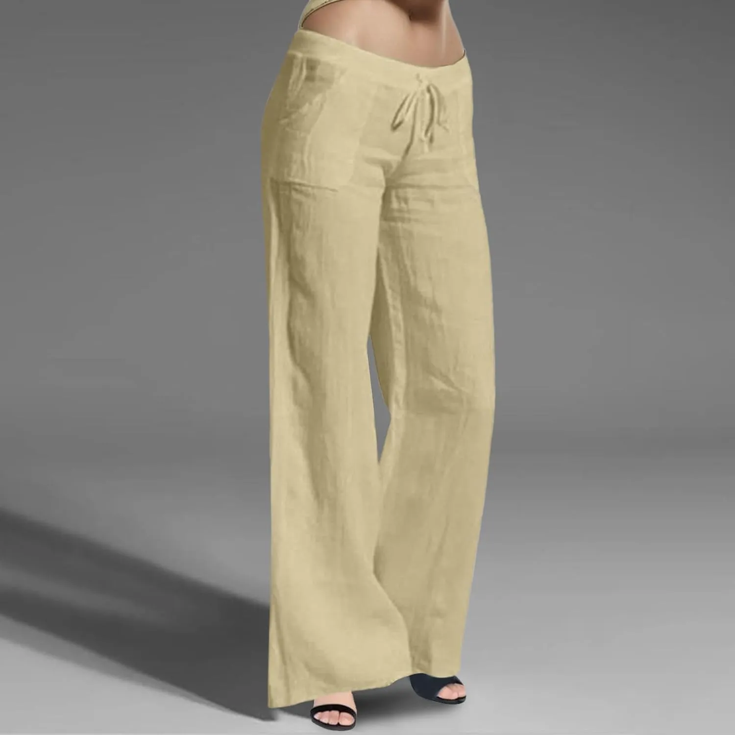 Women Linen Blend Summer Casual Loose Palazzo Lounge Pants Elastic Waist Baggy Stretchy Plus Size Trouser Trendy