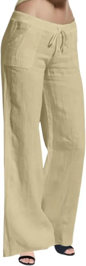 Women Linen Blend Summer Casual Loose Palazzo Lounge Pants Elastic Waist Baggy Stretchy Plus Size Trouser Trendy