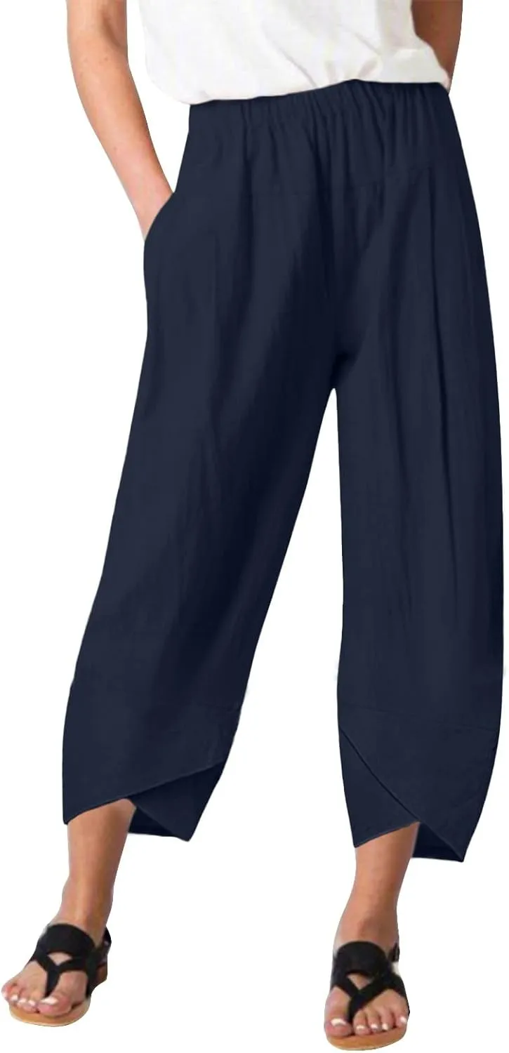 Women Linen Blend Summer Letter Patched Pants High Waist Long Lounge Plus Size Palazzo Lounge Pants Trendy