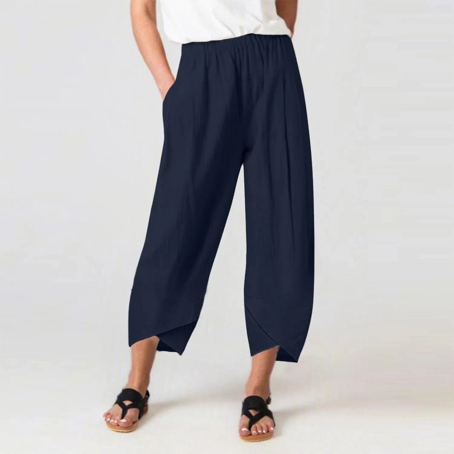 Women Linen Blend Summer Letter Patched Pants High Waist Long Lounge Plus Size Palazzo Lounge Pants Trendy