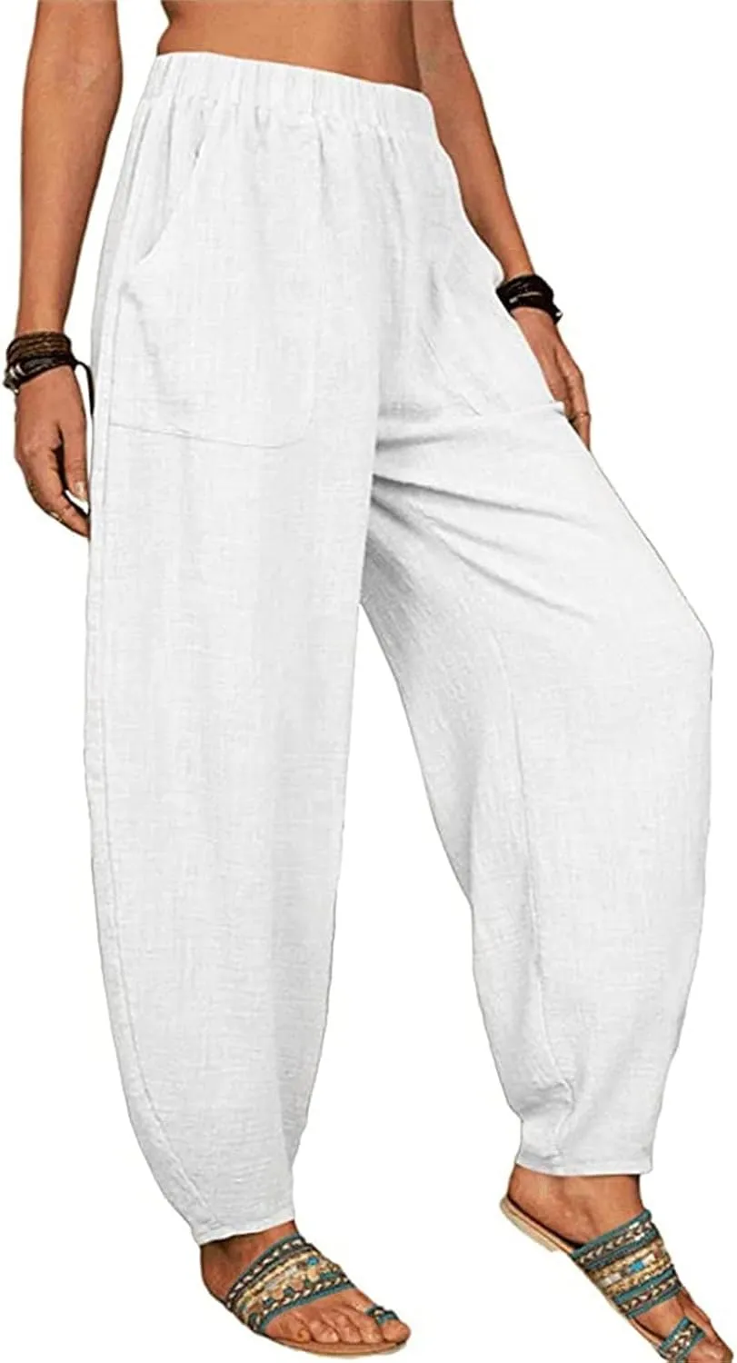 Women Linen Blend Summer Printed Pants Low Waist Wide Leg Slim Fit Pants Trendy