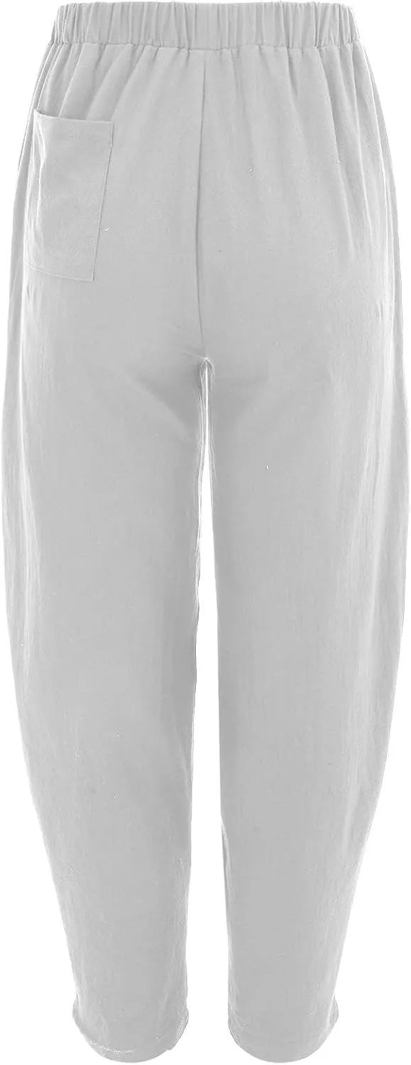 Women Linen Blend Summer Printed Pants Low Waist Wide Leg Slim Fit Pants Trendy