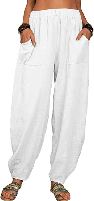 Women Linen Blend Summer Printed Pants Low Waist Wide Leg Slim Fit Pants Trendy