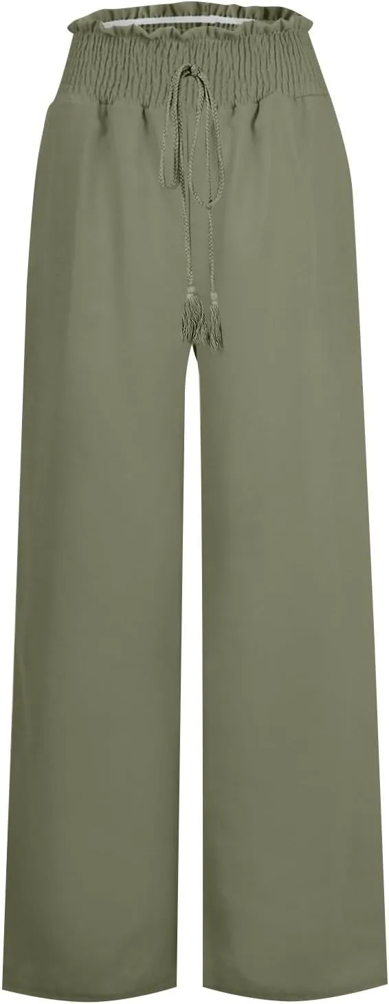 Women Linen Blend Summer Trendy Pant Trousers Elastic Waist Ankle Length Slim Fit Pant Trousers Beach