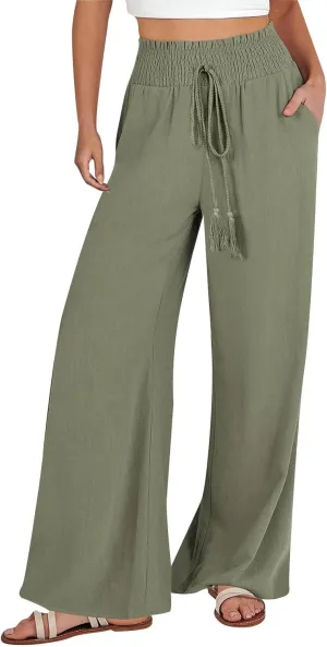 Women Linen Blend Summer Trendy Pant Trousers Elastic Waist Ankle Length Slim Fit Pant Trousers Beach