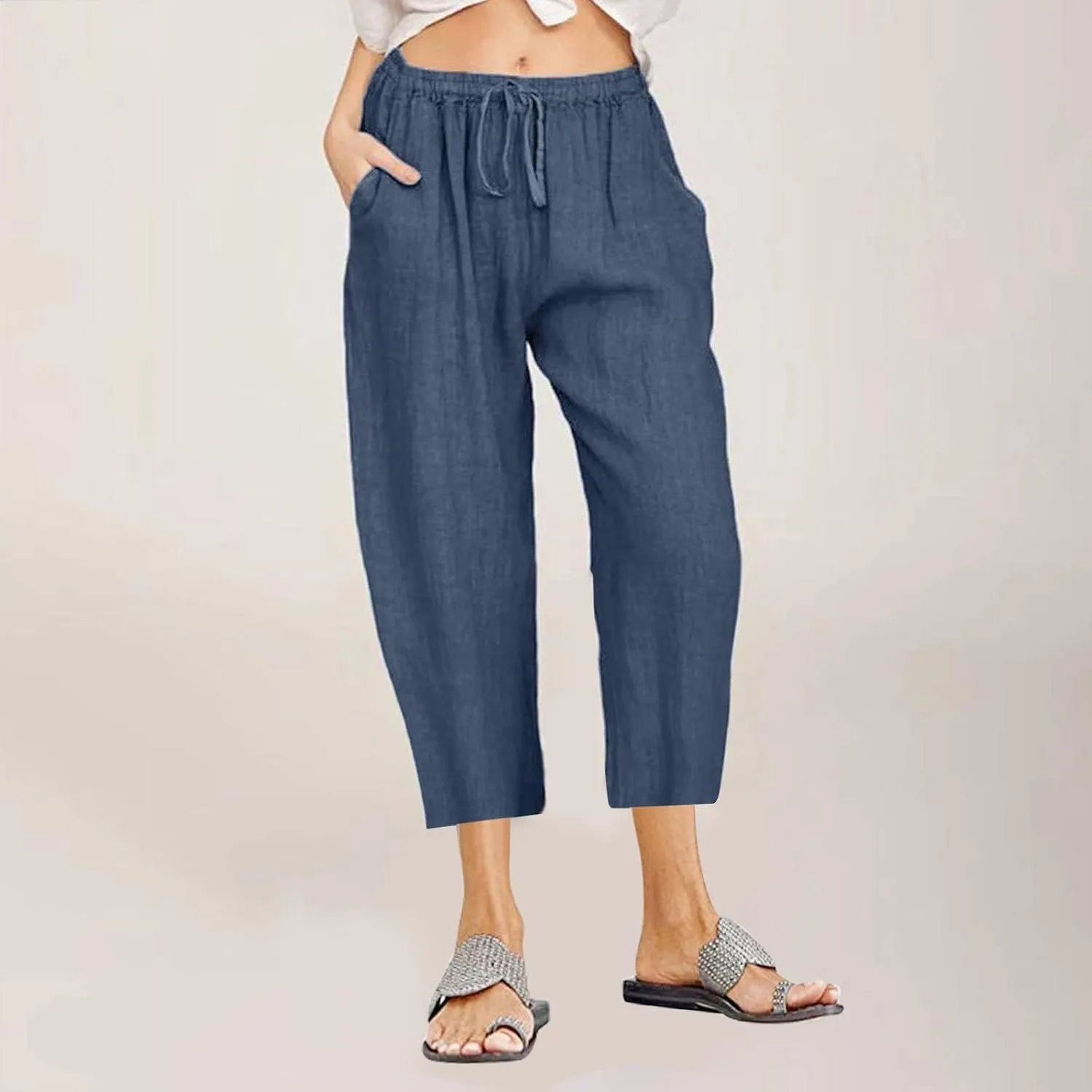 Women Linen Summer Cropped Palazzo Pants Low Waist Wide Leg Slim Fit Palazzo Lounge Pants Trendy