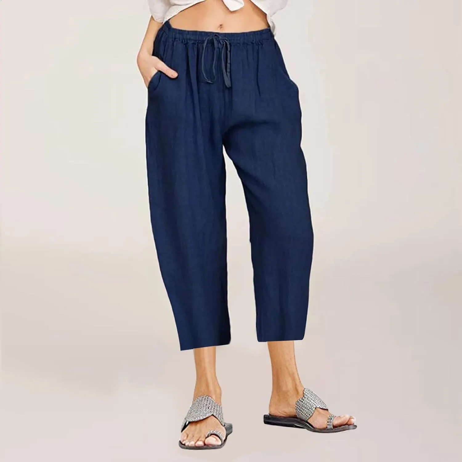 Women Linen Summer Cropped Palazzo Pants Low Waist Wide Leg Slim Fit Palazzo Lounge Pants Trendy
