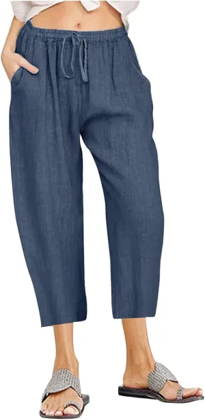 Women Linen Summer Cropped Palazzo Pants Low Waist Wide Leg Slim Fit Palazzo Lounge Pants Trendy