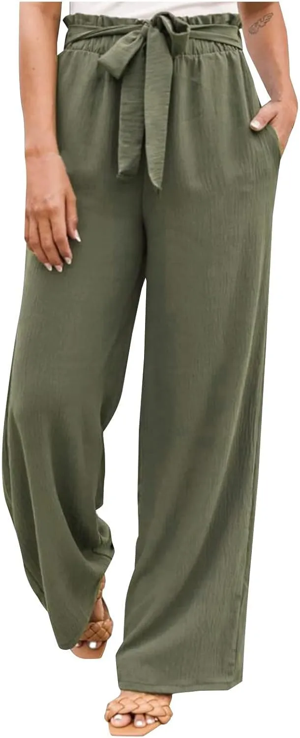 Women Linen Summer Drawstring Pants High Waist Wide Leg Slim Fit Trouser Trendy