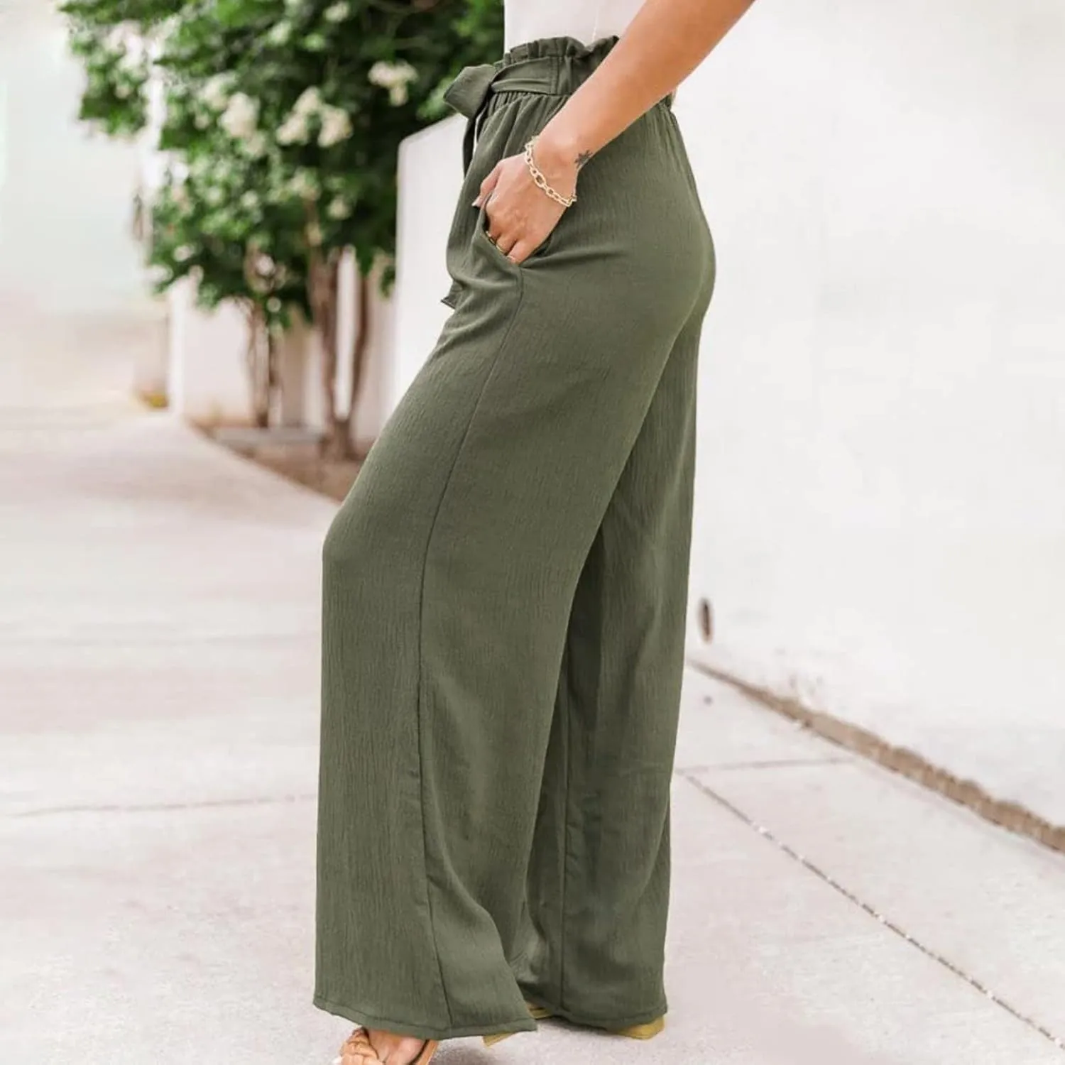 Women Linen Summer Drawstring Pants High Waist Wide Leg Slim Fit Trouser Trendy