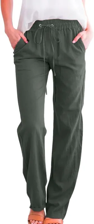 Women Linen Summer Drawstring Pants High Waist Wide Leg Slim Fit Trouser Trendy