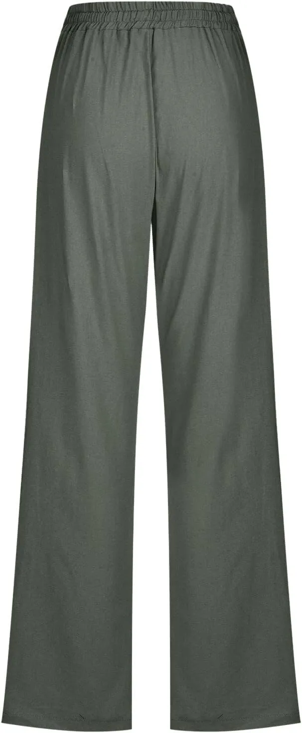 Women Linen Summer Drawstring Pants High Waist Wide Leg Slim Fit Trouser Trendy