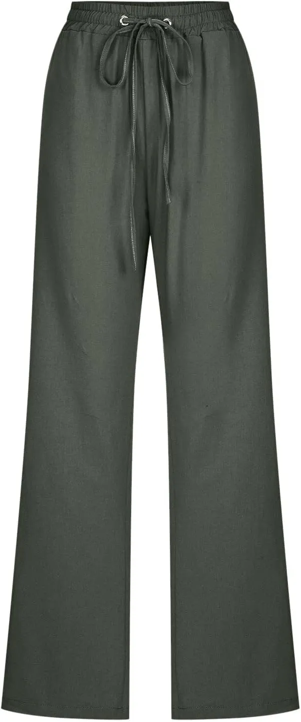 Women Linen Summer Drawstring Pants High Waist Wide Leg Slim Fit Trouser Trendy