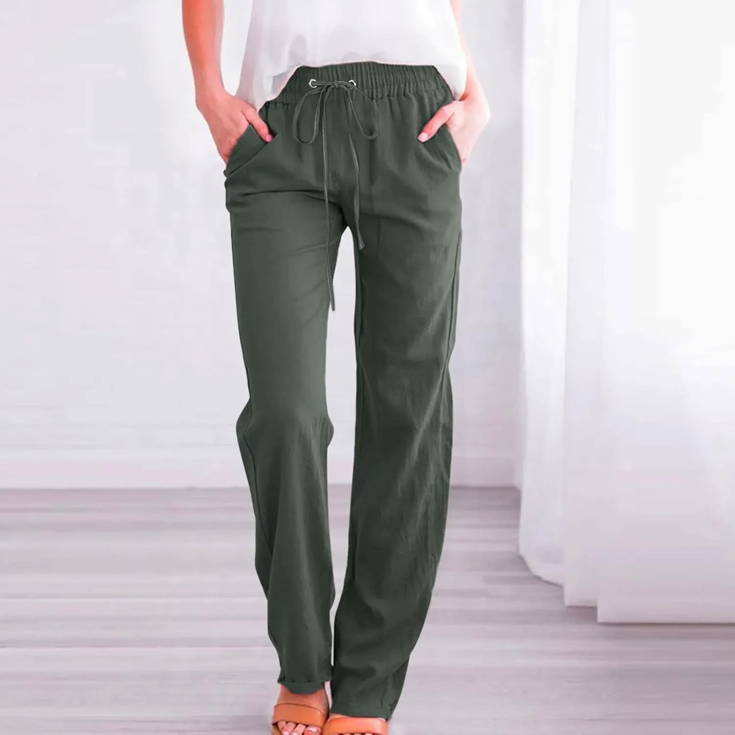 Women Linen Summer Drawstring Pants High Waist Wide Leg Slim Fit Trouser Trendy