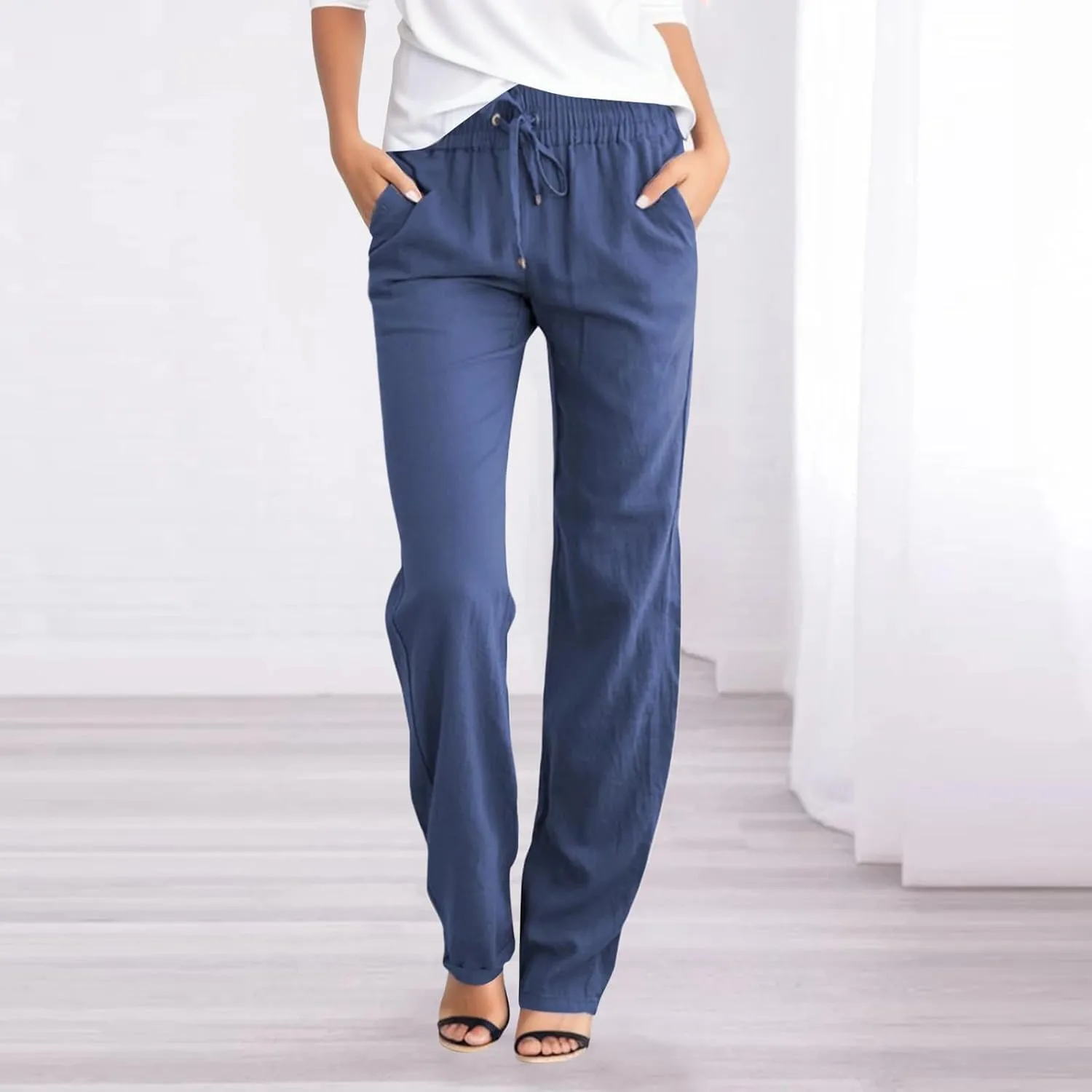 Women Linen Summer Drawstring Pants High Waist Wide Leg Slim Fit Trouser Trendy