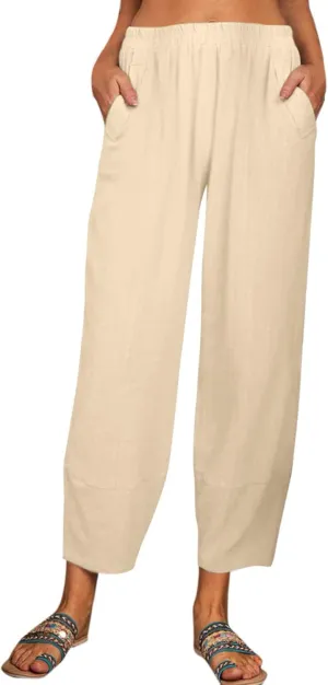 Women Linen Summer Flowy Palazzo Lounge Pants Elastic Waist Bootcut Slim Fit Trousers Trendy