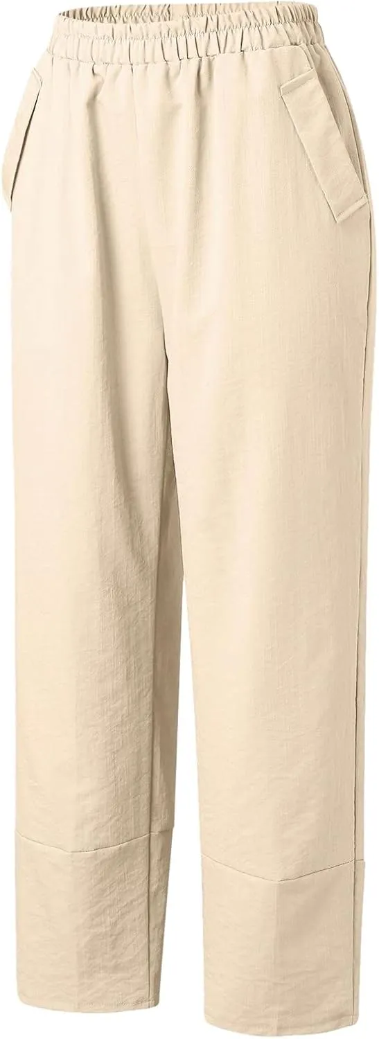 Women Linen Summer Flowy Palazzo Lounge Pants Elastic Waist Bootcut Slim Fit Trousers Trendy