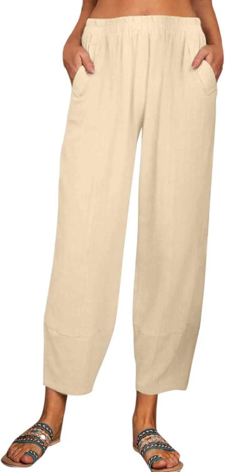 Women Linen Summer Flowy Palazzo Lounge Pants Elastic Waist Bootcut Slim Fit Trousers Trendy