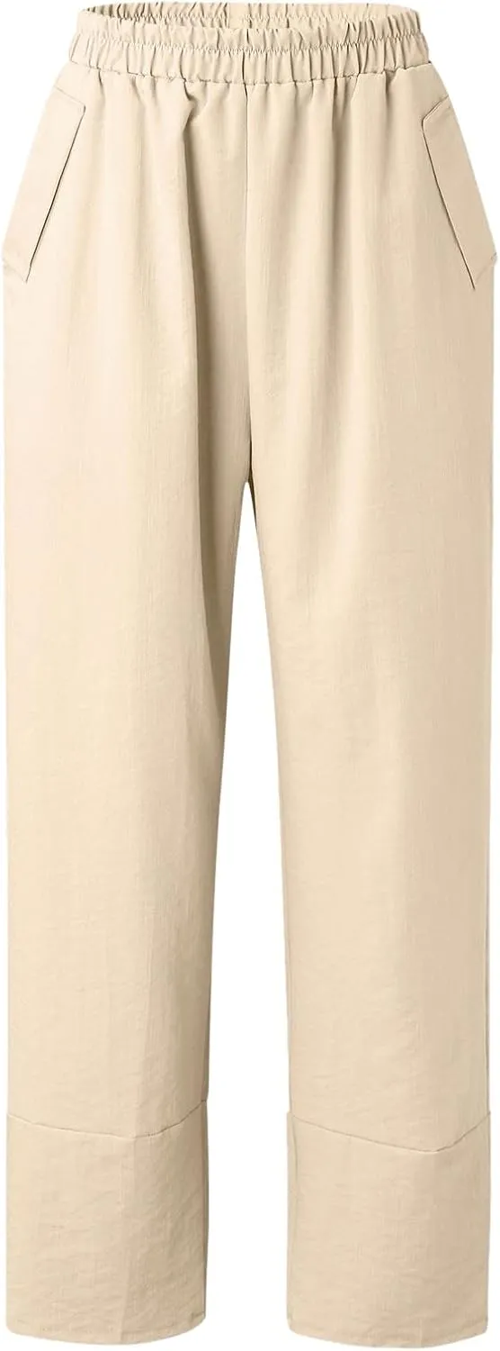 Women Linen Summer Flowy Palazzo Lounge Pants Elastic Waist Bootcut Slim Fit Trousers Trendy