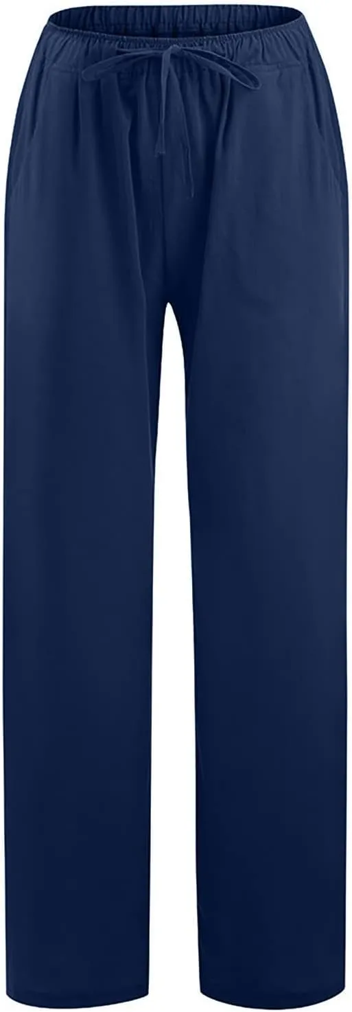 Women Linen Summer Loose Flowy Palazzo Pants Low Waist Baggy Stretchy Slim Fit Pants Trendy