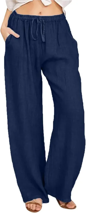 Women Linen Summer Loose Flowy Palazzo Pants Low Waist Baggy Stretchy Slim Fit Pants Trendy