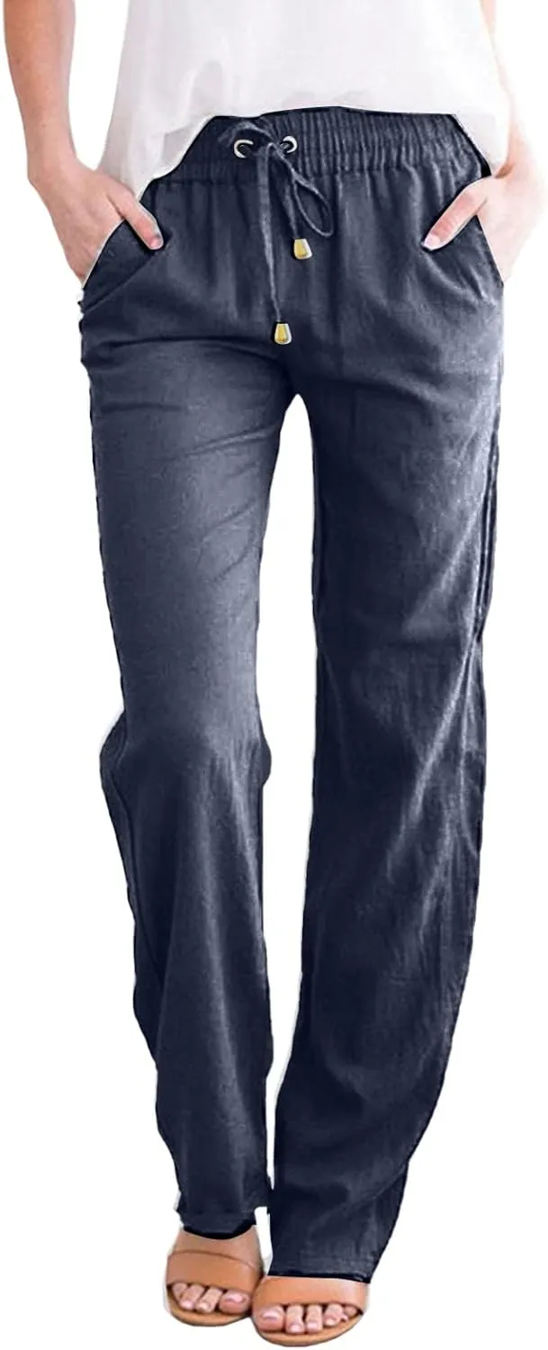 Women Linen Summer Loose Flowy Pant Trousers Low Waist Stretchy Straight Slim-Fit Pants Trendy