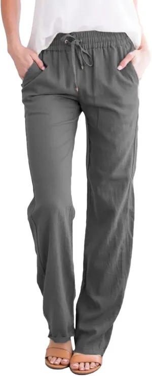 Women Linen Summer Loose Flowy Pant Trousers Low Waist Stretchy Straight Slim-Fit Pants Trendy
